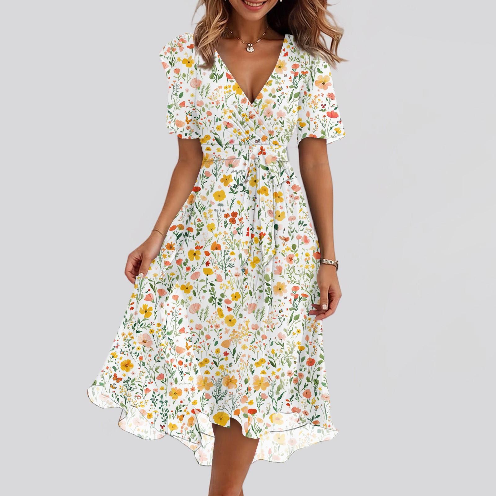 

Женские модные повседневные платья с V-образным вырезом, короткими рукавами и оборками, винтажным принтом XXL зелёный