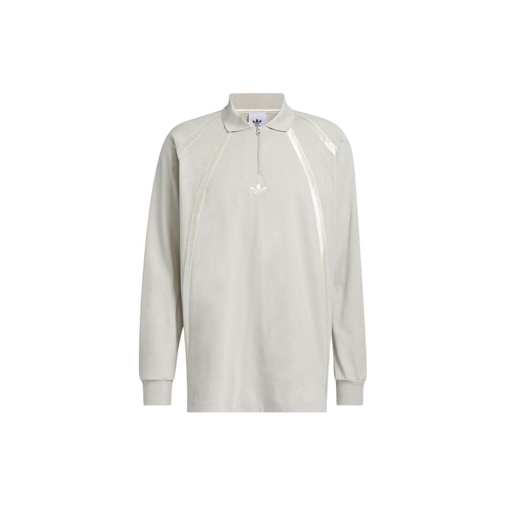 Adidas Originals Striped Zip-Up Long Sleeve Polo Shirt Unisex Tops Gray IR6379