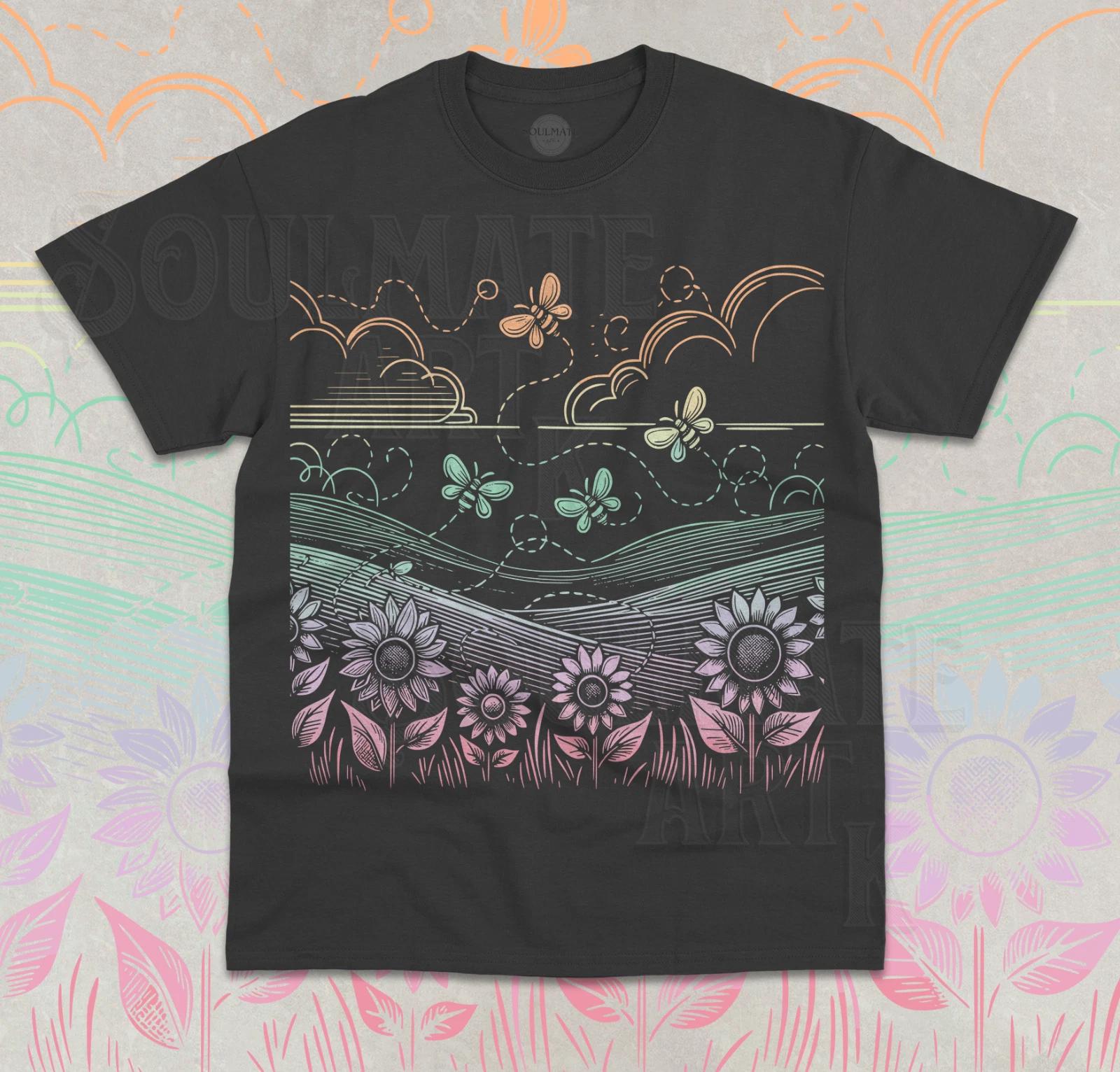 Sunflowers And Butterflies Cute T-Shirt Graphic Retro Flower Unisex Shirt 2XL