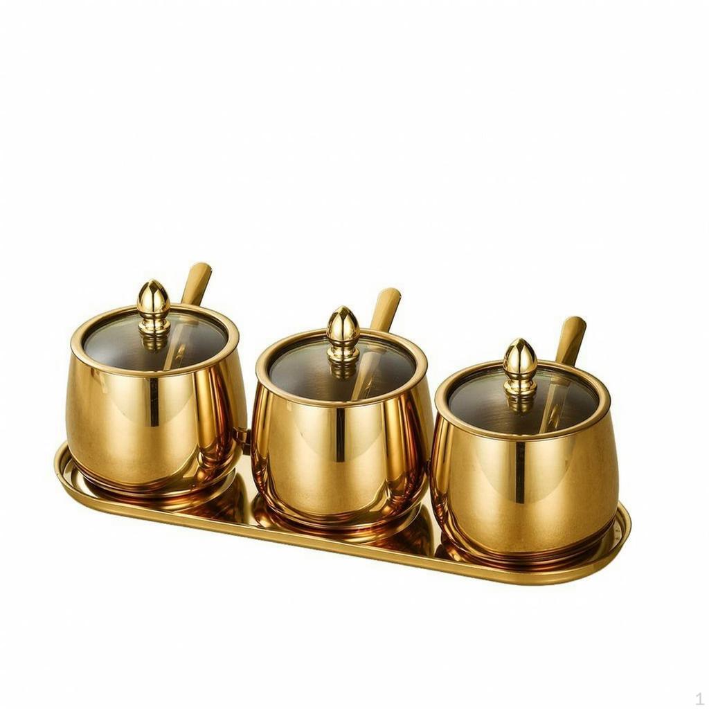 2 Pieces Stainless Steel Condiment Pot Set with Tray Multipurpose