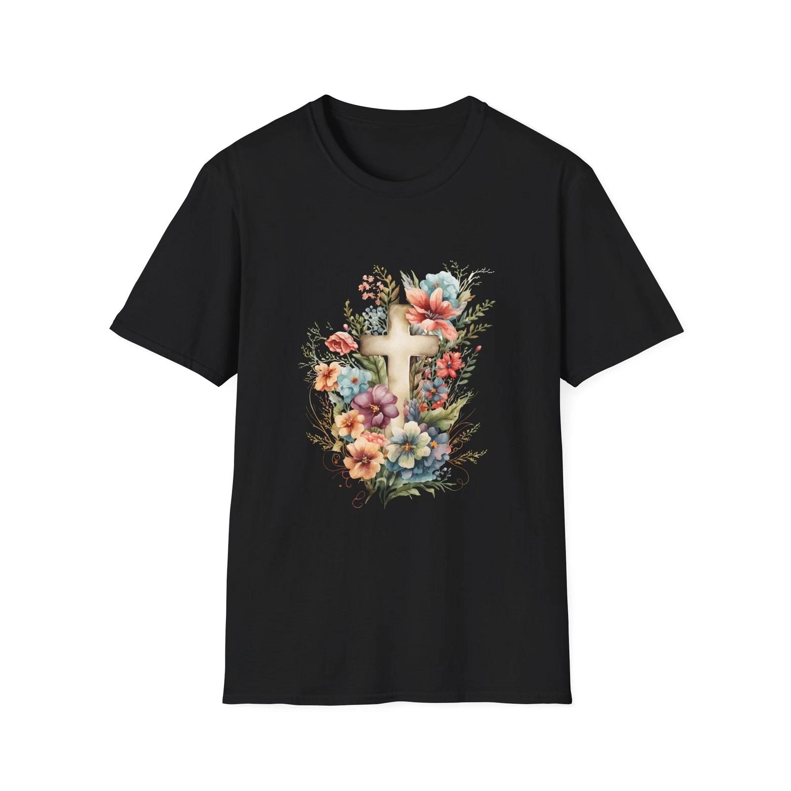 Floral Cross T-Shirt, Bohemian Style Tee, Faith-Based Apparel, Christian Gift, S