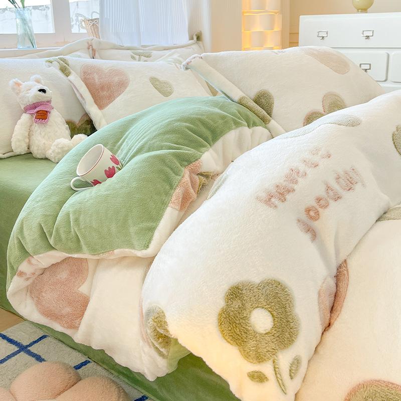 Warm Snowflake Fleece Four-piece Set, Double-sided Fleece Thickened Milk Fleece Bed Sheet Three-piece Set