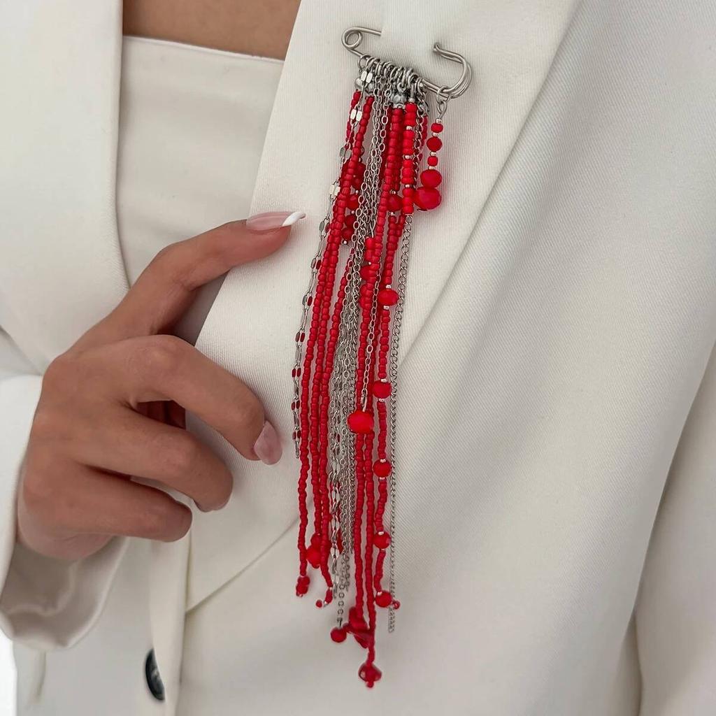 SHIXIN New Fashion Red Black Crystal Bead Chain Brooches for Women Long Tassel Pendant Brooch Pin New Year Jewelry Accessories