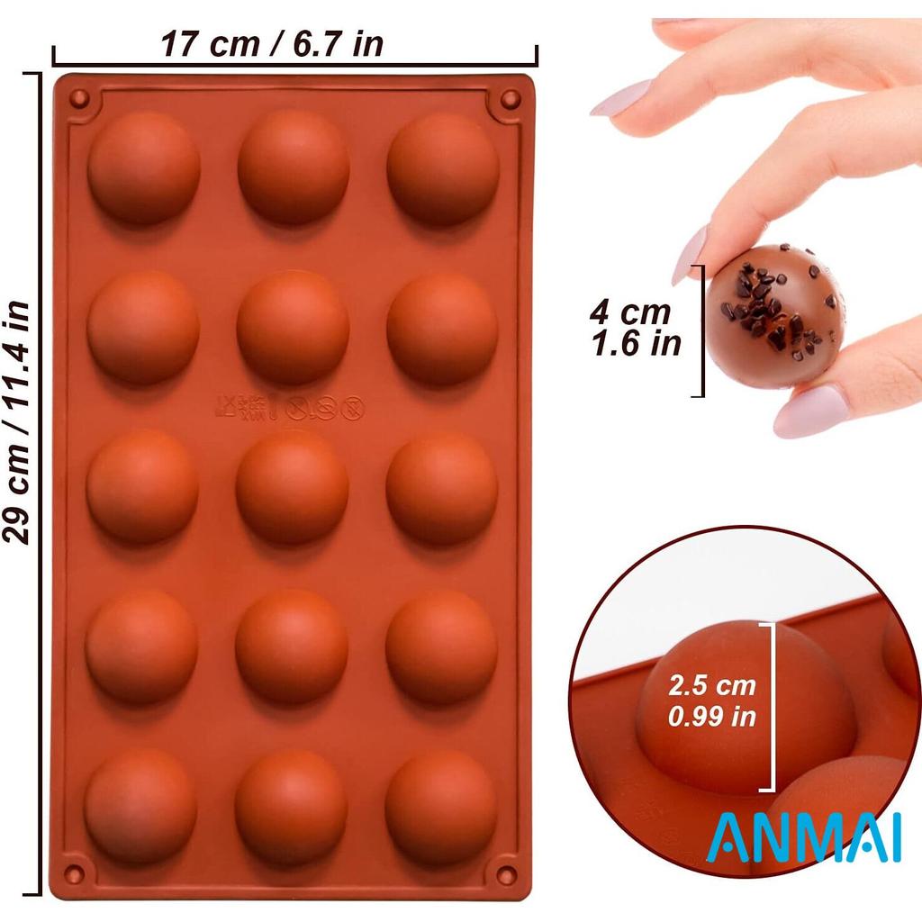 Anmai Silicone Semi Sphere Mold 15 Cavities Non-Stick for Jelly Chocolate Cake 29x17x1 Cm