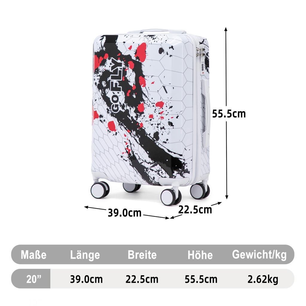 20-Inch PC Spinner Wheel Suitcase, Carry-On Suitcase, with Printed Pattern and Combination Lock (Black)