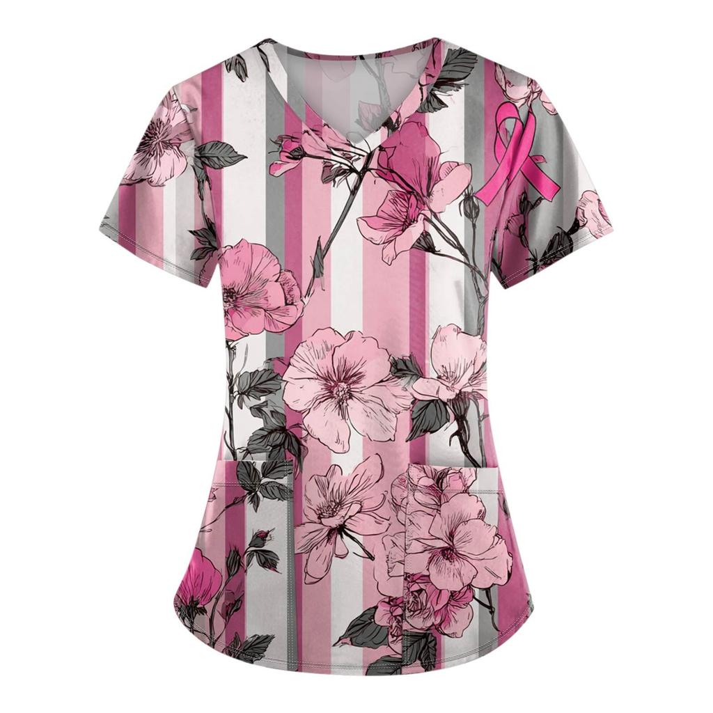 Women's Fashion V-Neck Short Sleeve Overalls With Pockets Printed Tops Clothes