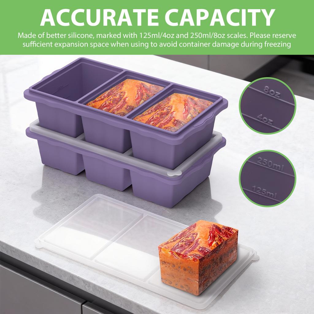 2Pcs Silicone Freezer Trays with Lid Leak-proof Sealed Soup Sauce Hot Pot Base Cube Mold Food Freezer Containers for Meal Prep