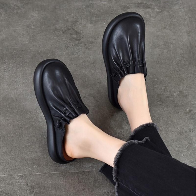 Johnature Soft Soled Round Toe Comfortable Outdoor Slippers Genuine Leather Versatile Women's Shoes