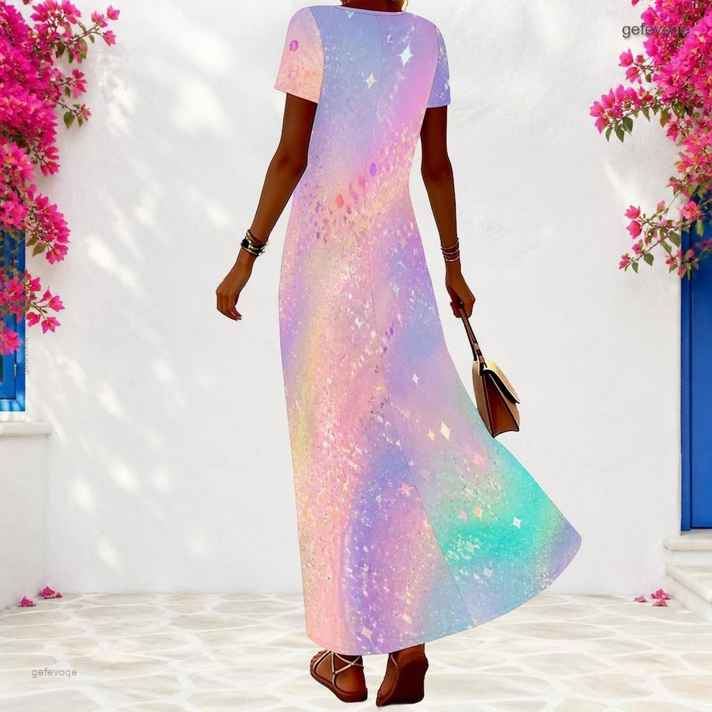 Women Plus Size V Neck Short Sleeve Black Dots Printed Long Dress