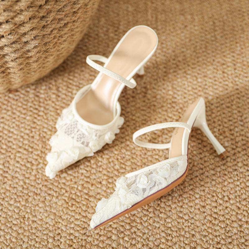 Mode Mode Spitze Blumen Mesh Damen Pumps Elegant Spitz Zehenbereich Slingbacks Stiletto Hohe Absätze Pantoletten Sommer Weiblich Party Kleidschuhe