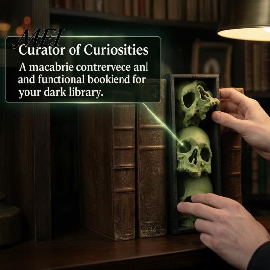 Dark Fantasy Home Ornaments 3Pcs Halloween 3 Tier Skull Bookends, Gothic Resin Bookshelf Decor for Office, Skeleton Statue Bookshelves Spooky