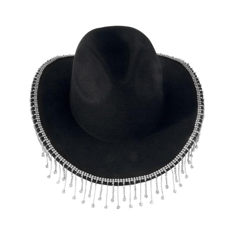 Trendy Cowboy Hat Denims Hat with Sparkling Rhinestones and Fringe Detail for Outdoor Activities Parties Halloween Hat