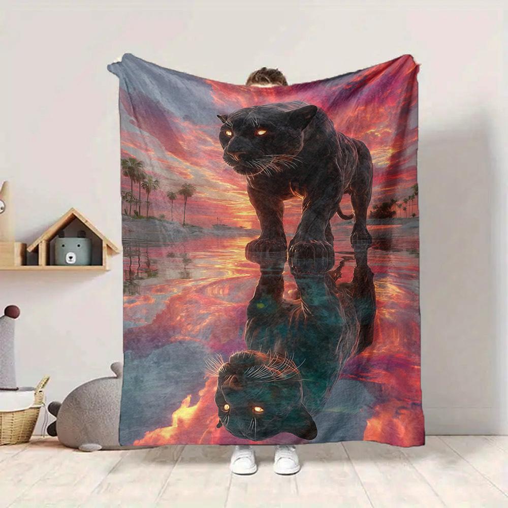 1pc Panther Reflection Sunset Blanket Lightweight Flannel Blanket Throw Blanket For Sofa, Bed, Travel, Camping, Livingroom, Office, Couch, Chair, And