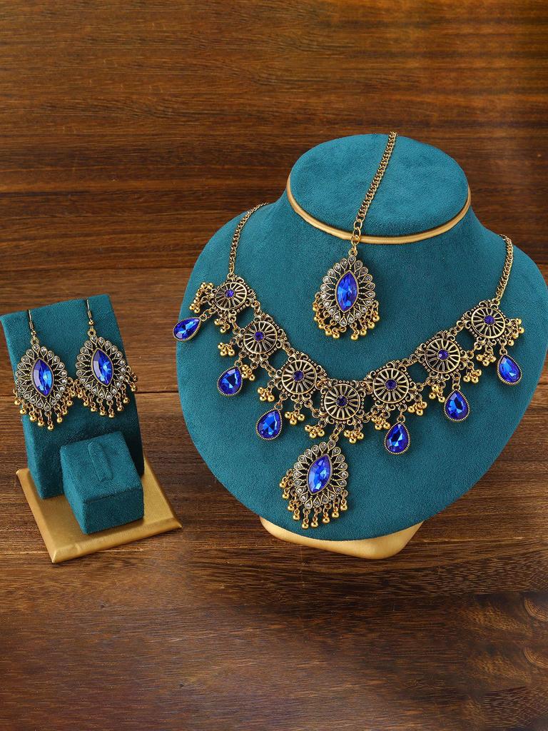Exotisches Strass-Augen-Quasten-Schmuckset: Halskette, Ohrringe, Stirnanhänger