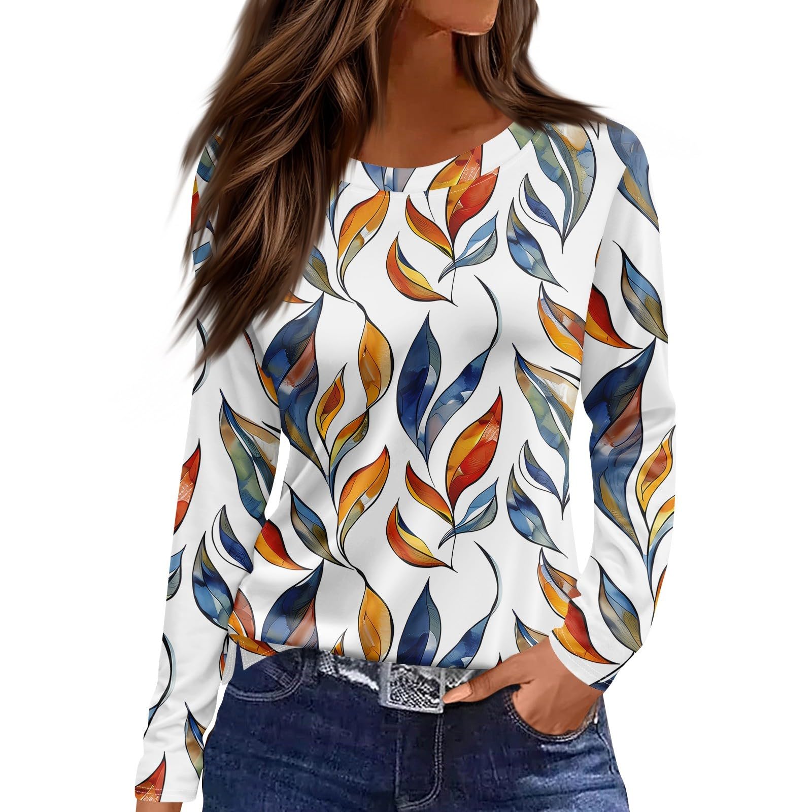 

Женская повседневная футболка с 3D-принтом, цветочным принтом, круглым вырезом, простая элегантная, с длинными рукавами, женская мода, пуловер с длинными рукавами 8XL