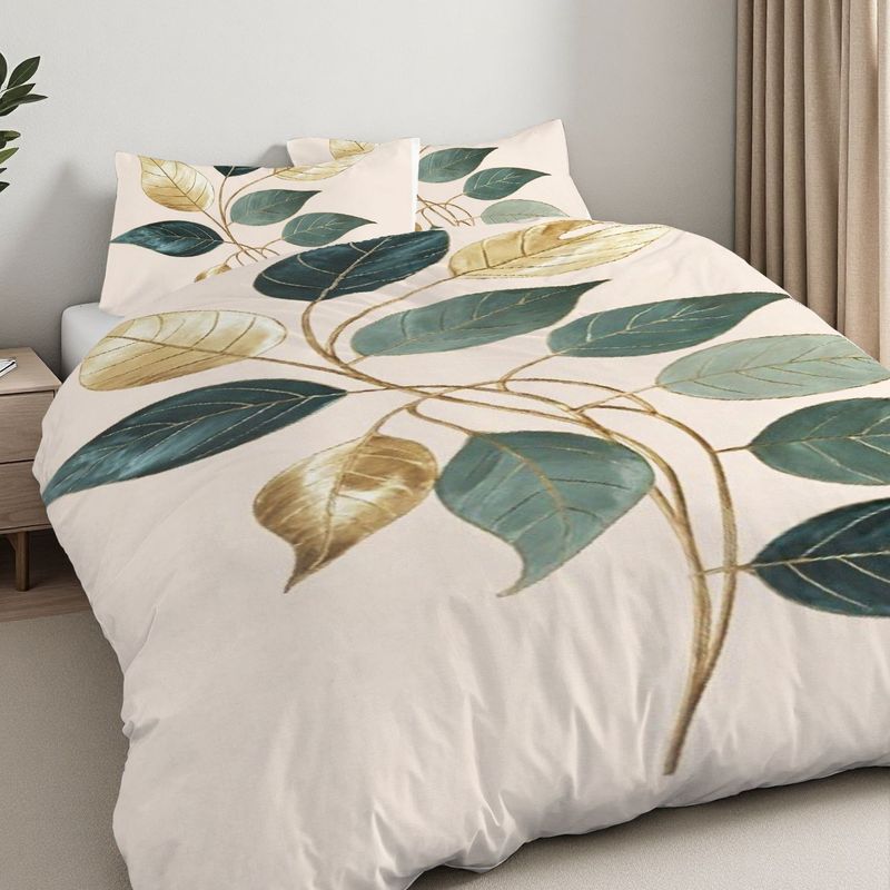 Pillowcase,Quilt Cover Three-Piece Set,Bedding,Light Peach Base Color,Exquisite Leaf Style,Golden Brown Branch Pattern,
