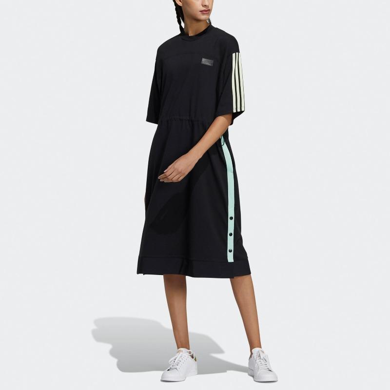 Adidas Originals Ryv Dress Casual Breathable A-Line Round Neck Short Sleeve Dress Women Dresses Black H39023