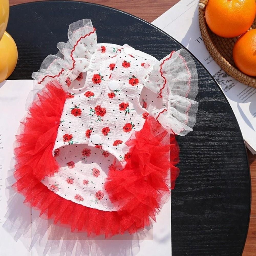 Flutter Sleeves Cat Tutu Skirt Rose Pattern Puppy Floral Vest Cat Cake Skirt  Bichon Frise Dog