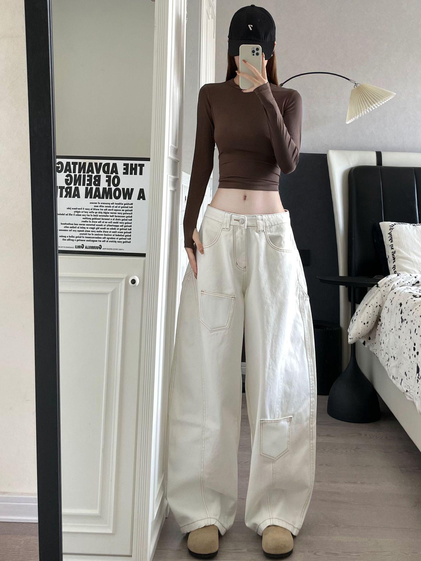 2025 Fall Women s American Retro Wide-Leg Curved Jeans - Plus Velvet Thickened Large белый