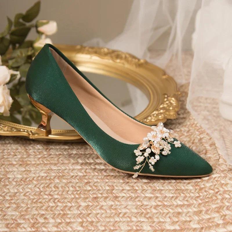 Fashion Luxury Women's Crystal Floral Pumps Spring 2025 Comfortable Med Heels Pointed Toe Party Wedding Shoes Woman Green Silk Pumps 41