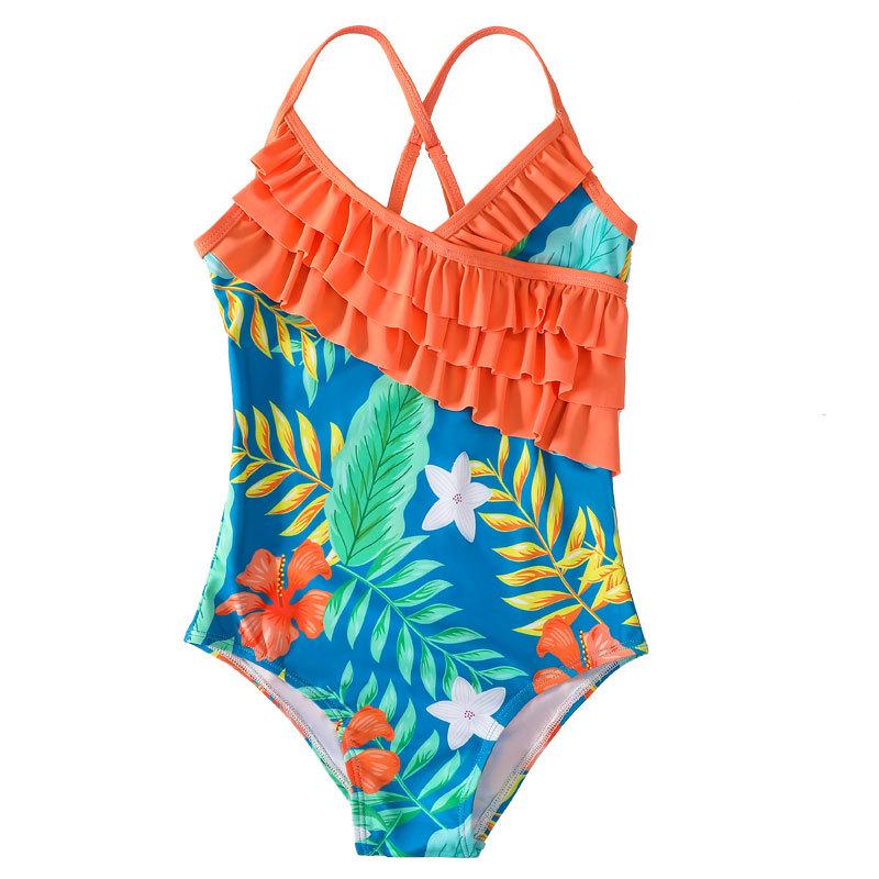 2022 Girls' Ruffle One-Piece Swimsuit - Digital Print Beachwear for Kids