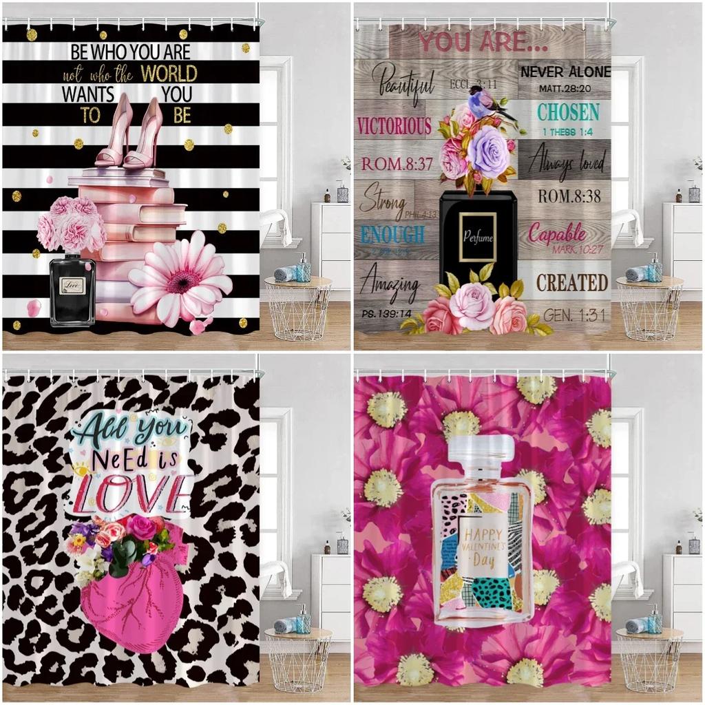 Pink Perfume Shower Curtain Cosmetic Lip Flower Panther Pattern Bathroom Decorations Shower Curtain
