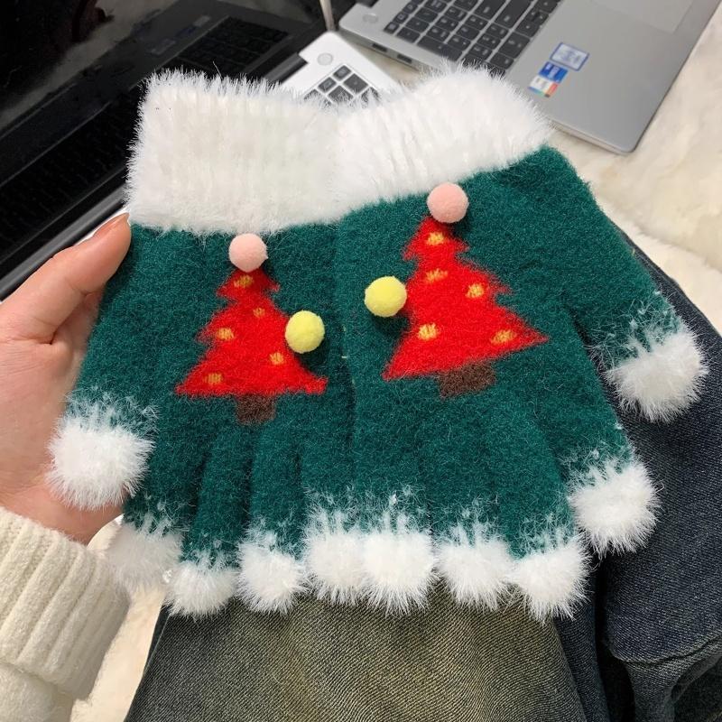 Snowflake Christmas Tree Gloves For Women Winter Plush Warm Thick Gloves Touch Screen Fluffy Fur Cycling Gloves Student Gifts