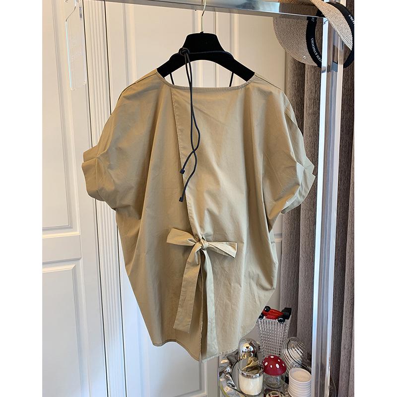 In-Stock Korean Style Bowknot Slit Short Sleeve Women's Pullover Top