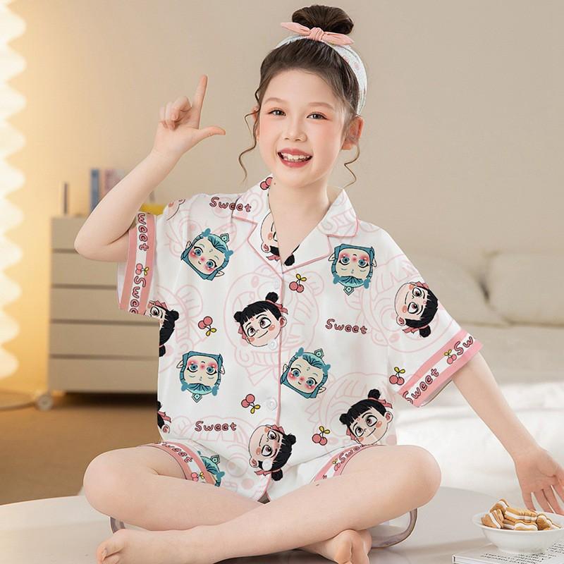 Girls Ice Silk Pajama Set Short Sleeve Cartoon Print Sleepwear 8-14 Years Old Kids