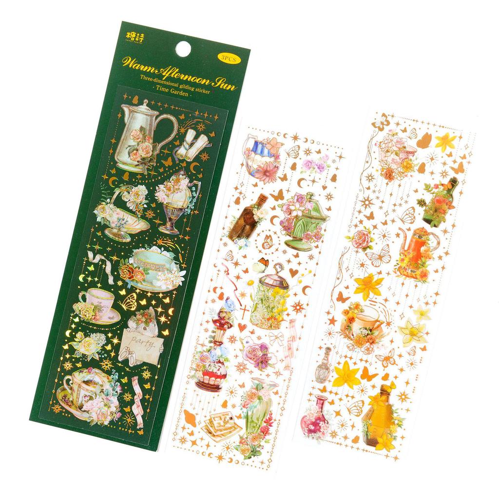 3D Gold Stamping Stickers - Retro Time Garden Series for Journals and DIY Projects (4 Types)