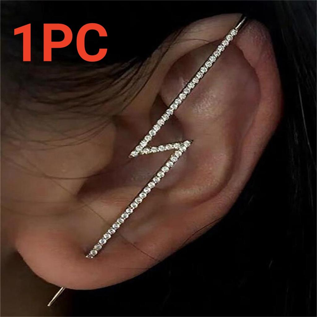 1PC Trendy Punk Shiny Rhinestone Lightning Stud Earrings For Women Ear Hooks Long Needle Piercing Climber Earrings Party Jewelry