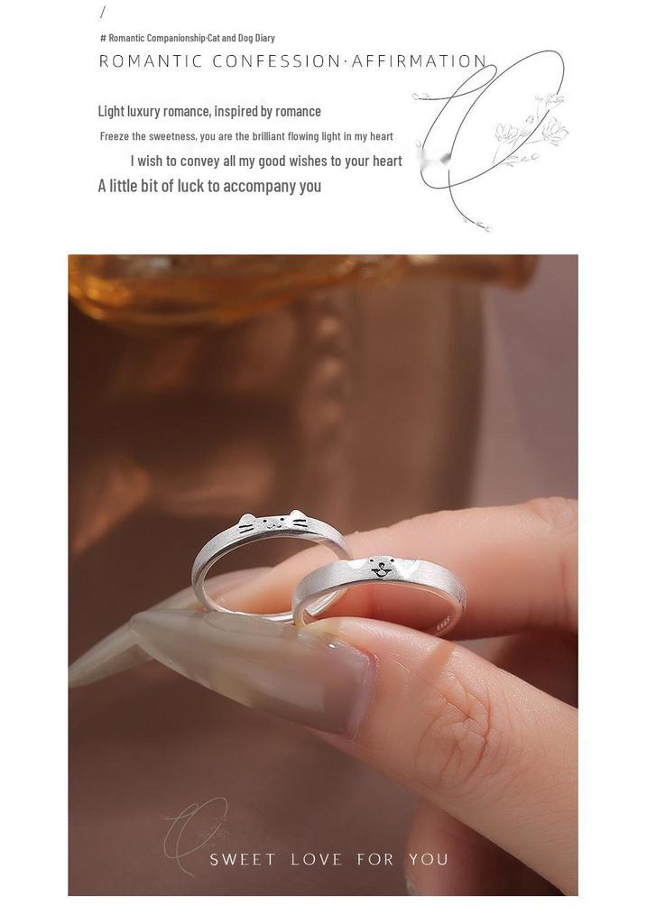 Sterling Silver Cat & Puppy Couple Rings: Cute, Simple Design for Students