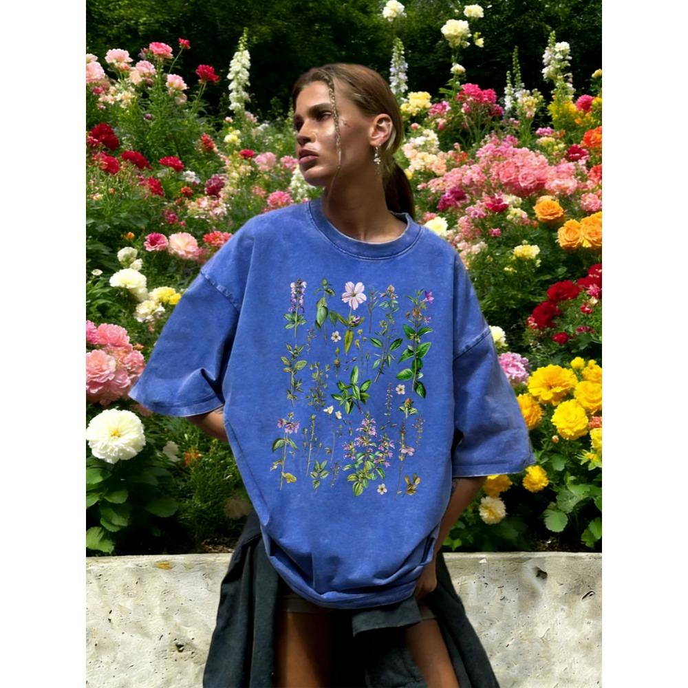 T-shirt Lavé Imprimé Fleurs Violettes Rétro Plantes Herbacées Femme Été Salle de Sport Manches Courtes Coton Hauts Amples T-shirt