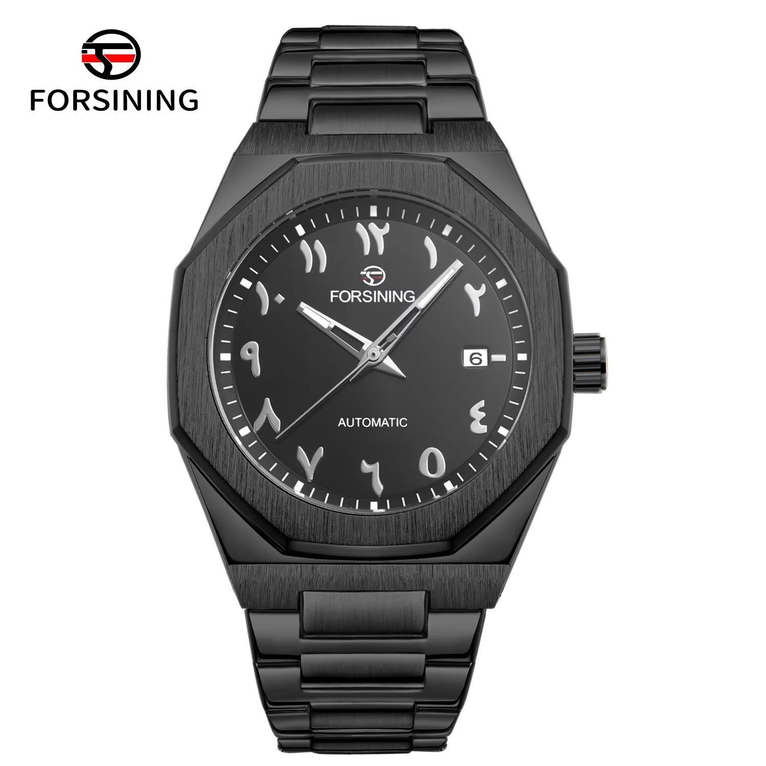 

FORSINING Business Mens Watch Arabic Numeral Date Automatic Movement Mechanical Stainless Steel Waterproof Wristwatches чорний