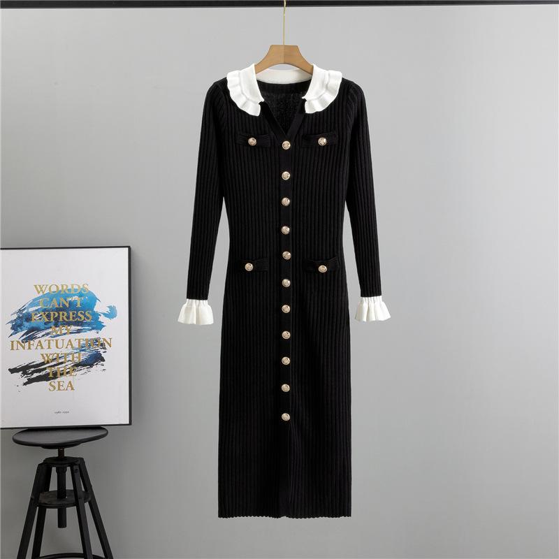 

Женское облегающее платье-свитер с V-образным вырезом, длинными рукавами, пуговицами, облегающим лифом, с оборками, трикотажное платье-карандаш, весна-осень, элегантные макси-платья для женщин one size fits all чёрный