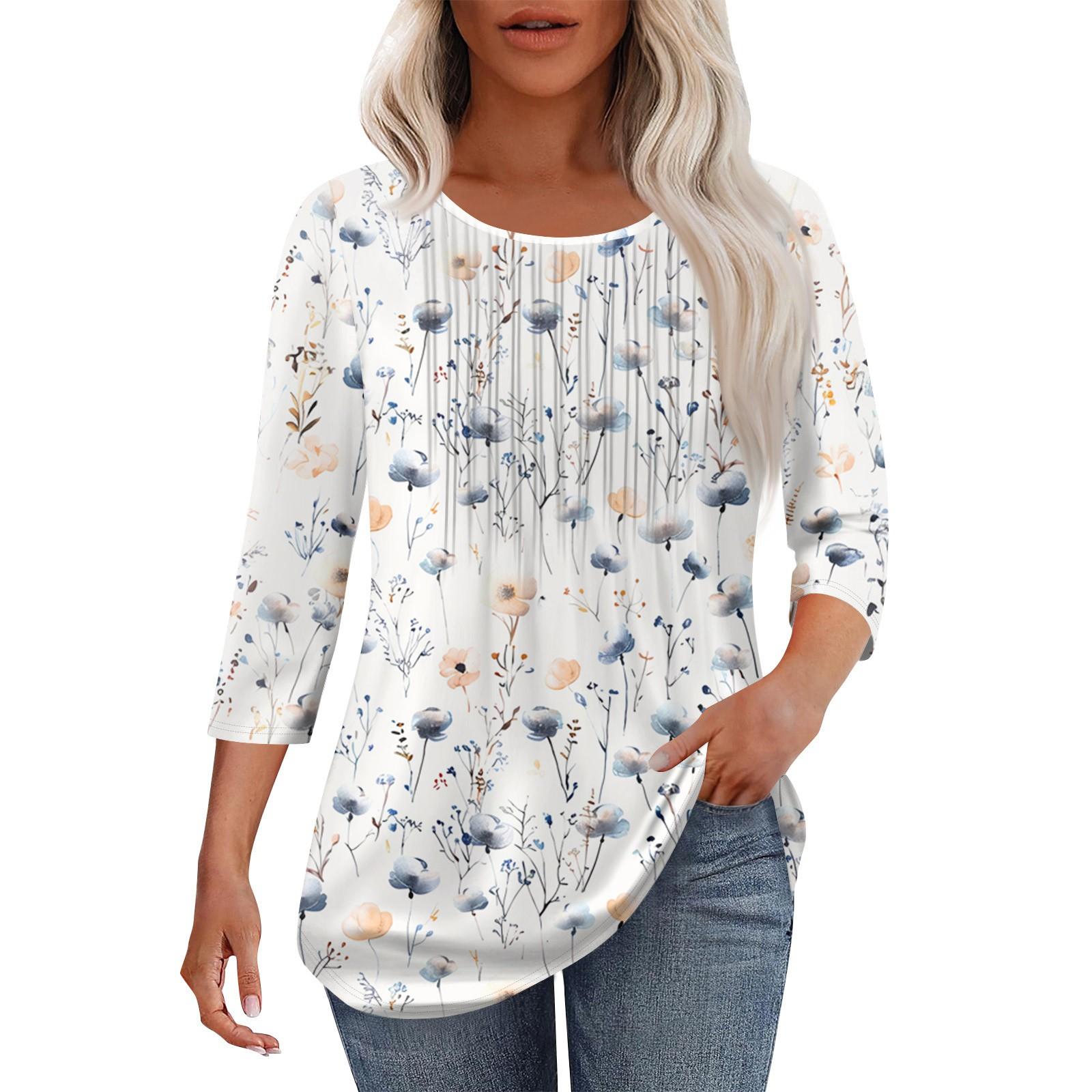 

Женская модная повседневная плиссированная футболка с круглым вырезом и рукавами три четверти с повседневным цветочным принтом XL белый