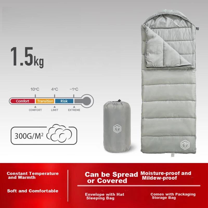 Jingdong Jingzao Camping Sleeping Bag, Outdoor Envelope-Style Hooded Sleeping Bag, Rock Gray, 1.5kg, 10-15℃