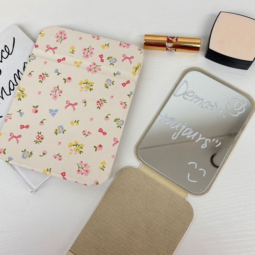 Pink Bow Desktop Stand Mirror Pu Leather Vanity Mirror Beauty Fold Makeup Mirror Unisex