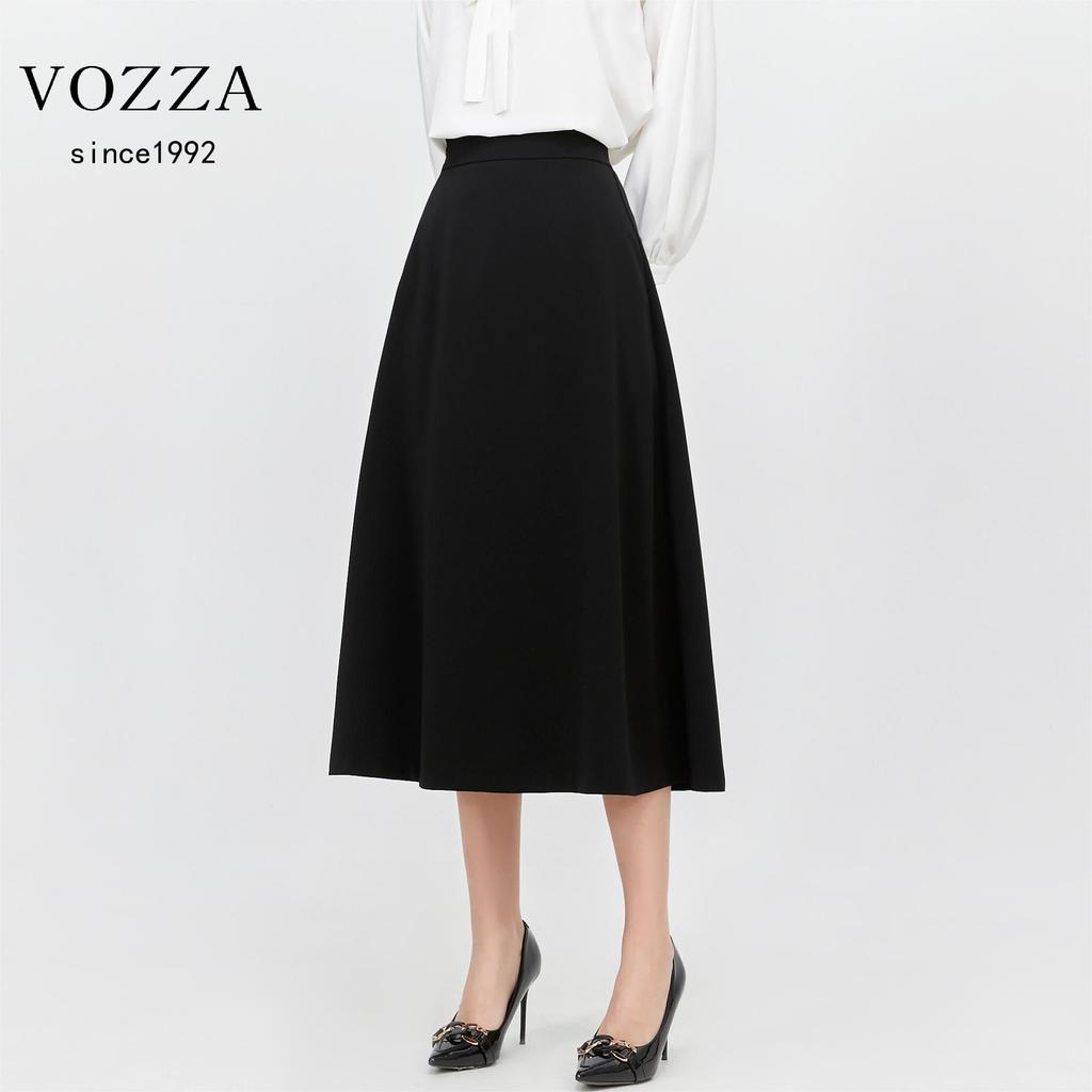 VOZZA Flared Skirt with Elastic Circular Midi Solid Sizes Black Women's Midi-Length Waist, A-Line, Below-the-Knee, High-Waisted, Skirt, Length, Lined,