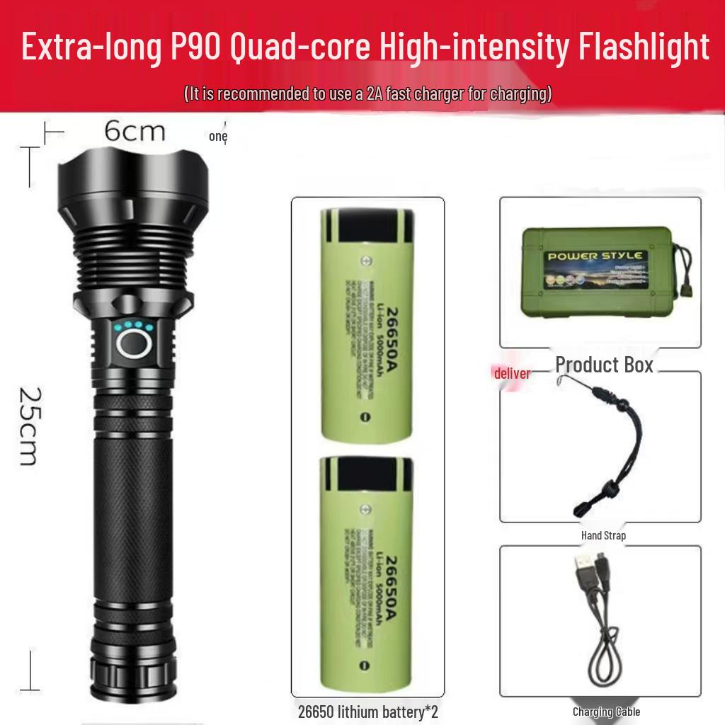 Waterproof Aluminum P90 High-Power Flashlight with Telescopic Focus and P70 Spotlight for Outdoor Use