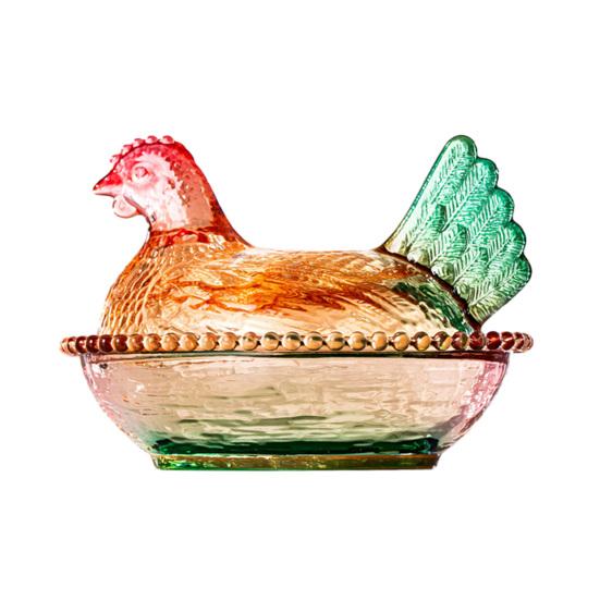 Chicken-Shaped Glass Candy Dish Hen on Nest Dessert Dish with Lid Funny Snack Bowl for Fruits Salads Home Table Decor