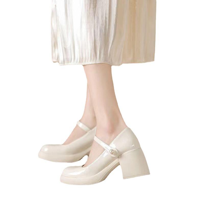 Women's Fashionable Mary Jane High Heels with Thick Soles, Pearl Buckle, and Round Toe - Retro Style for Spring/Autumn 2025