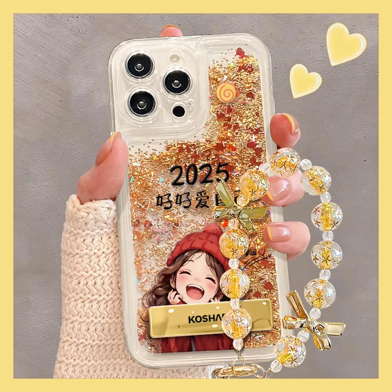 Lucky Girl Bracelet Stand, Suitable for Apple 16, Gold Sand Phone Case 15pro, Transparent Silicone 14 Full Cover 13