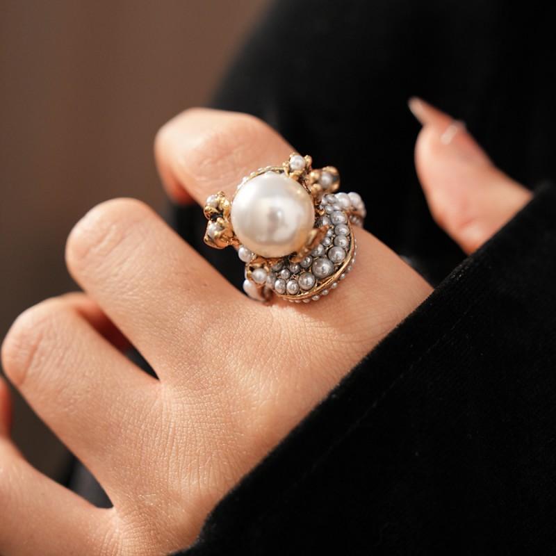 Vintage Perlenblumenring Damen Gold Weißton Retro Finger Boho Chic Statement Schmuck
