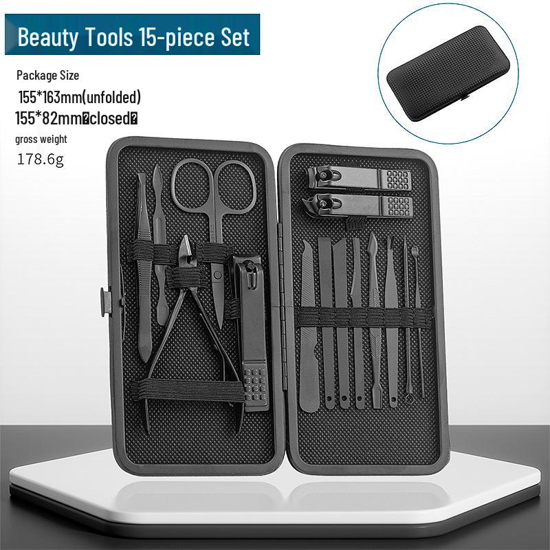 24-Piece Manicure Set: Black and Red Nails, Ear Pick, Oblique Clippers, Nose Hair Scissors, Tweezers