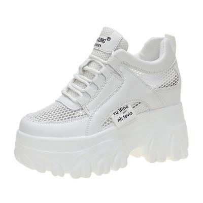 Fujin 10cm Microfiber Leather Mesh Platform Shoes Wedge Sneakers for Women Hidden Heel Increased Shoes Summer Sneakers Female