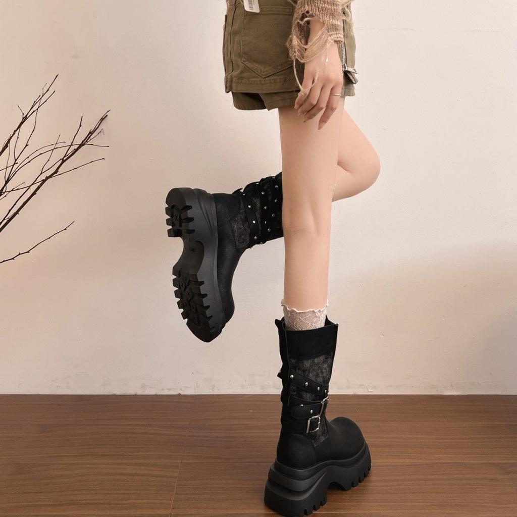 New British Martin boots women's mid-tube knight boots thick-soled autumn heightening boots locomotive belt buckle 2025