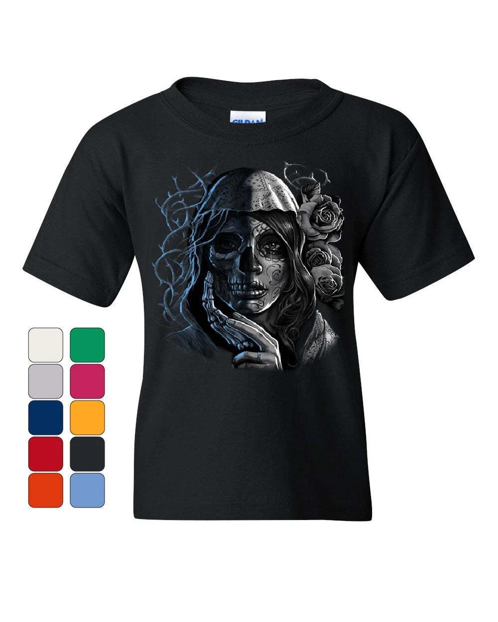 Dead Girl with Roses Youth kids boys T-Shirt Sugar Skull Face Day of the Dead Kids Tee 120