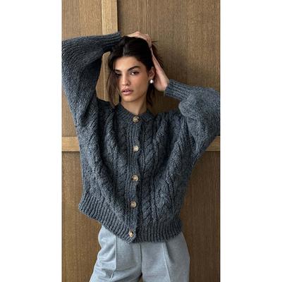 Autumn And Winter New Commuting Retro Hemp Knitted Cardigan Sweater Women's Solid Color Round Neck Button Sweater Jacket