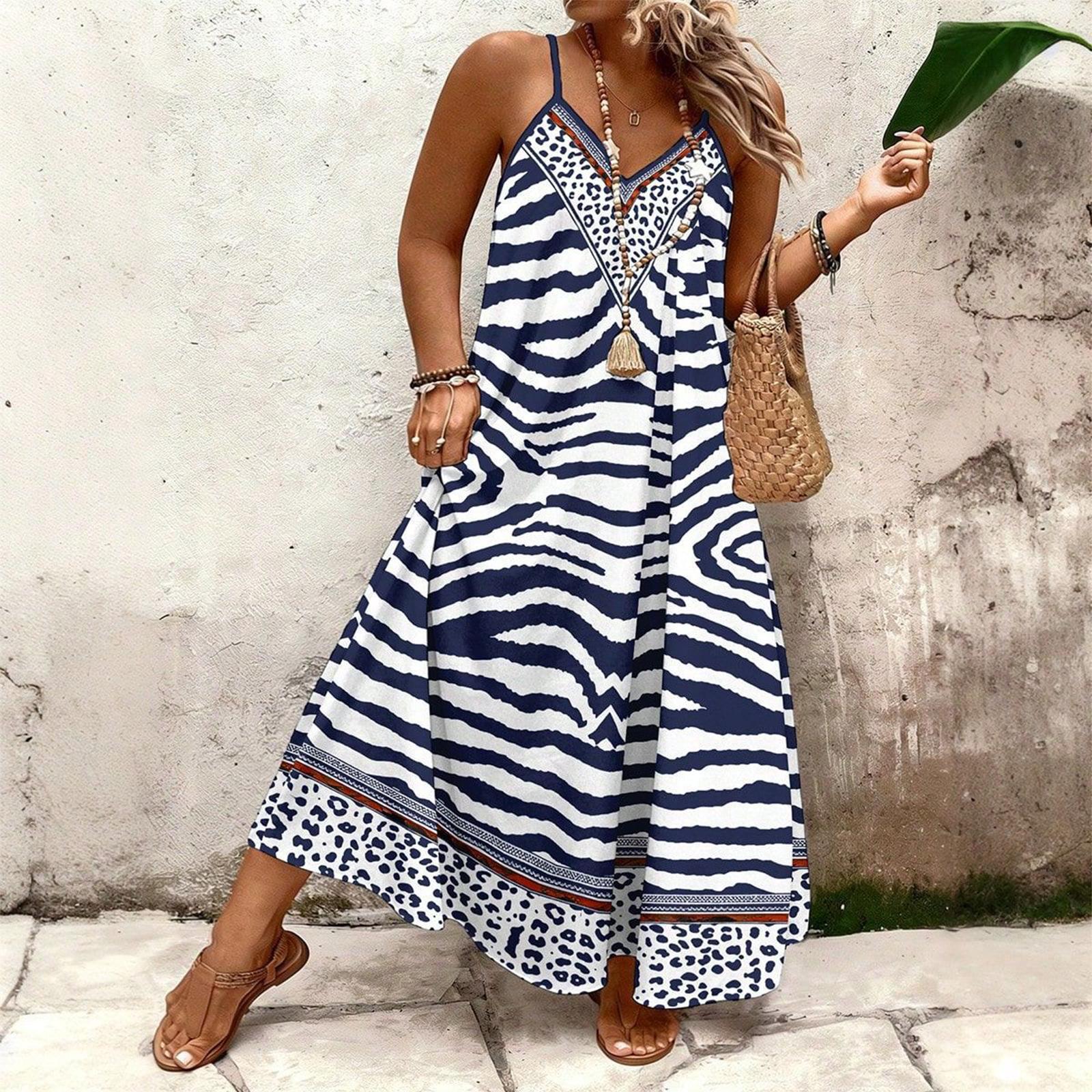Women s Summer V-neck Bohemian Casual Seaside Vacation Printed Plus Size Sling Dress XXL